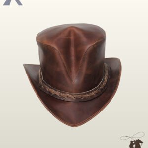 Handcrafted vintage brown leather western hat displaying a tall pinched crown, curved side brims, and a textured braided trim band.