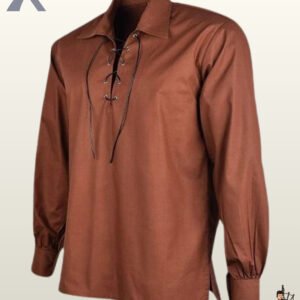 Traditional men's brown cotton highland ghillie shirt with long gathered sleeves and a open collar neckline.