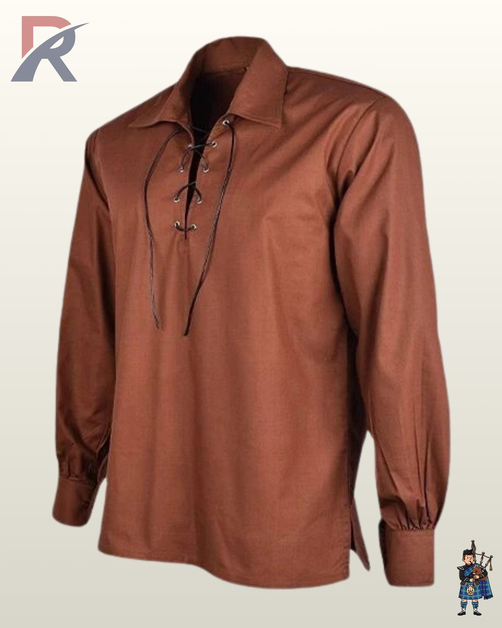 Traditional men's brown cotton highland ghillie shirt with long gathered sleeves and a open collar neckline.