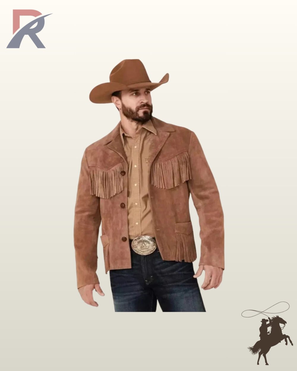 Classic men's brown suede cowboy jacket styled with chest fringe yokes, large western belt buckle, tan button-down shirt, and cowboy hat.