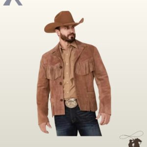 Classic men's brown suede cowboy jacket styled with chest fringe yokes, large western belt buckle, tan button-down shirt, and cowboy hat.