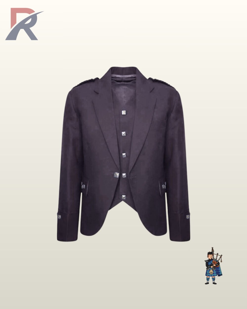 Front view of a men's olive brown wool Argyle kilt jacket paired with a matching 5-button waistcoat featuring square silver buttons.