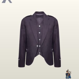 Front view of a men's olive brown wool Argyle kilt jacket paired with a matching 5-button waistcoat featuring square silver buttons.