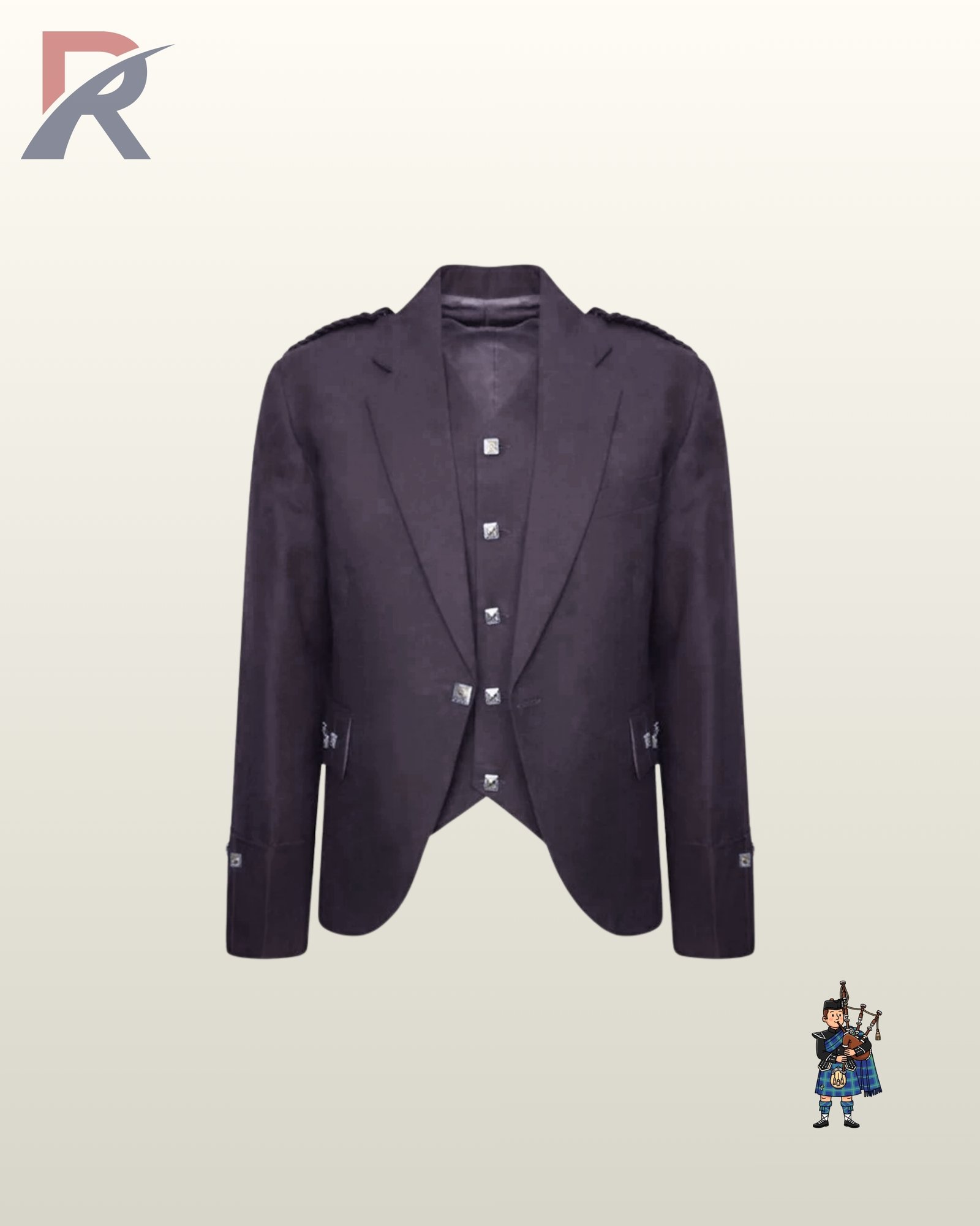 Front view of a men's olive brown wool Argyle kilt jacket paired with a matching 5-button waistcoat featuring square silver buttons.