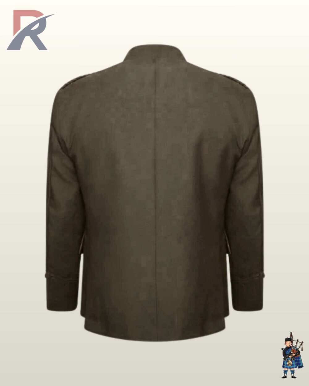 Rear view of a men's olive brown wool Argyle kilt jacket displaying braided shoulder epaulets and a plain back panel.