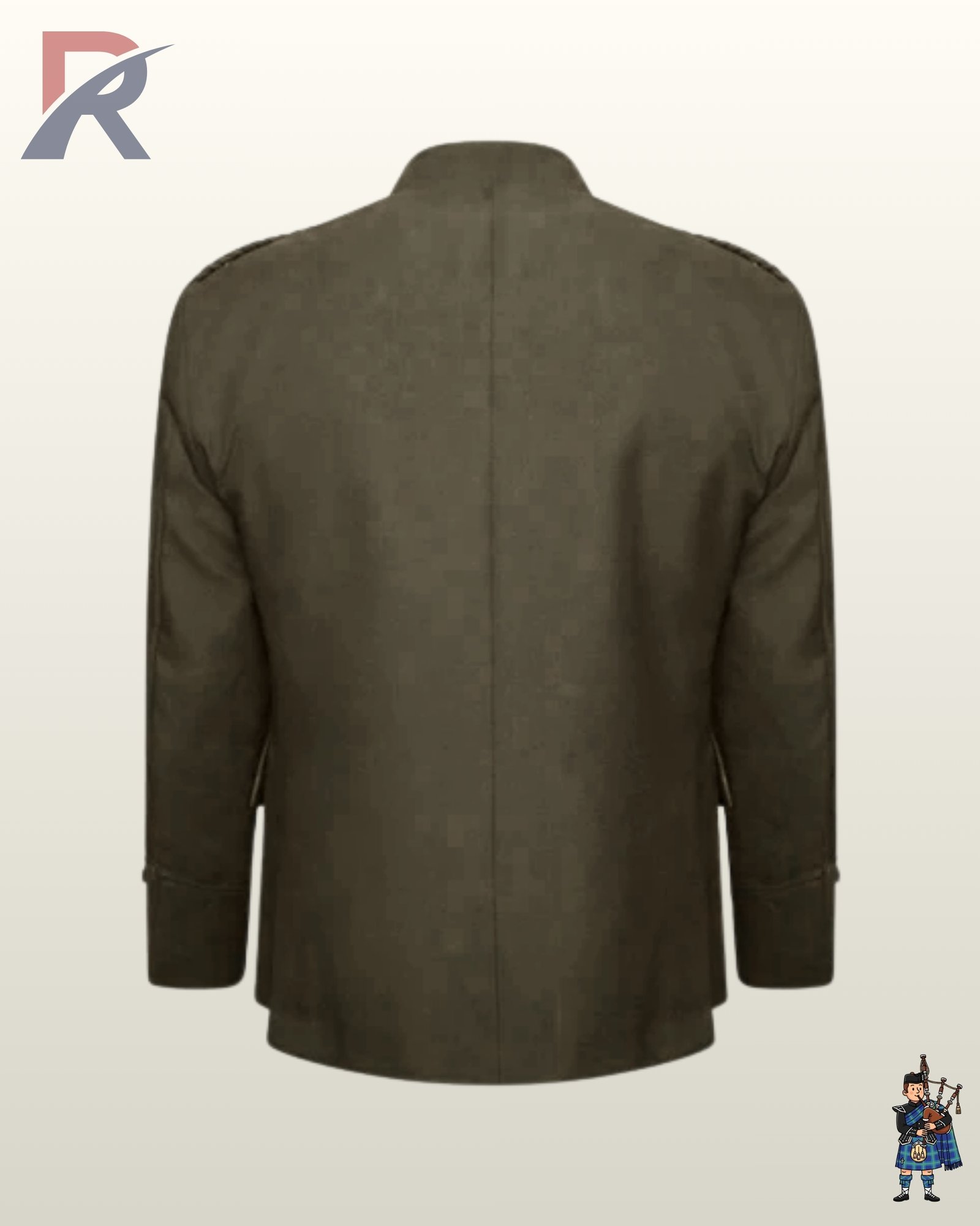 Rear view of a men's olive brown wool Argyle kilt jacket displaying braided shoulder epaulets and a plain back panel.