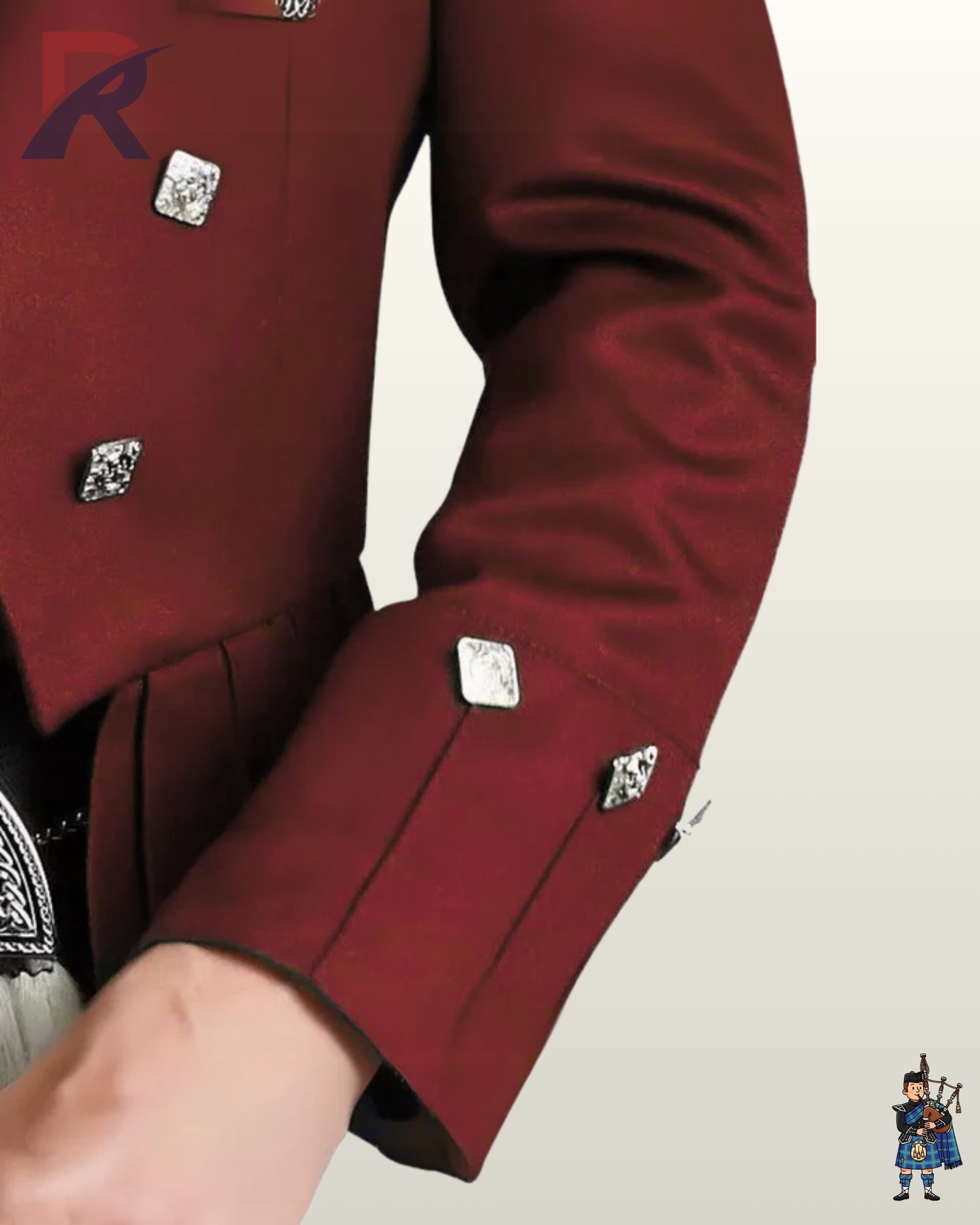 Close-up shot of a men's maroon burgundy Prince Charlie kilt jacket sleeve highlighting gauntlet cuffs and square silver buttons.