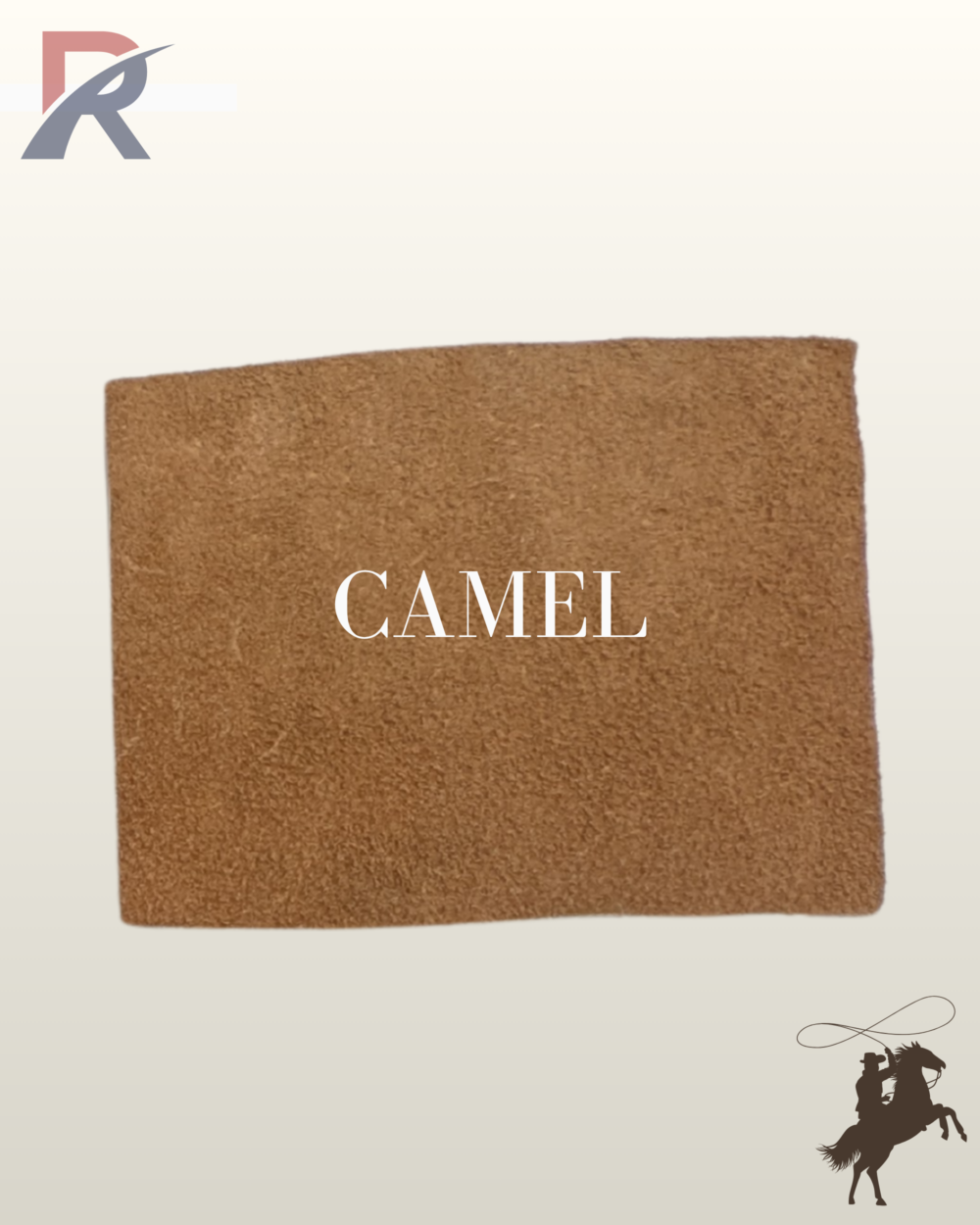 Close-up fabric sample swatch of camel brown suede leather for custom western coats and jackets.