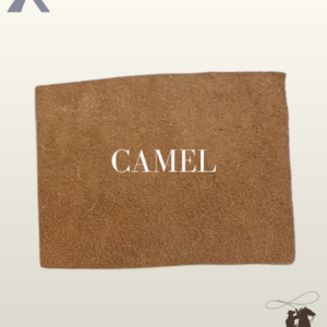 Close-up fabric sample swatch of camel brown suede leather for custom western coats and jackets.