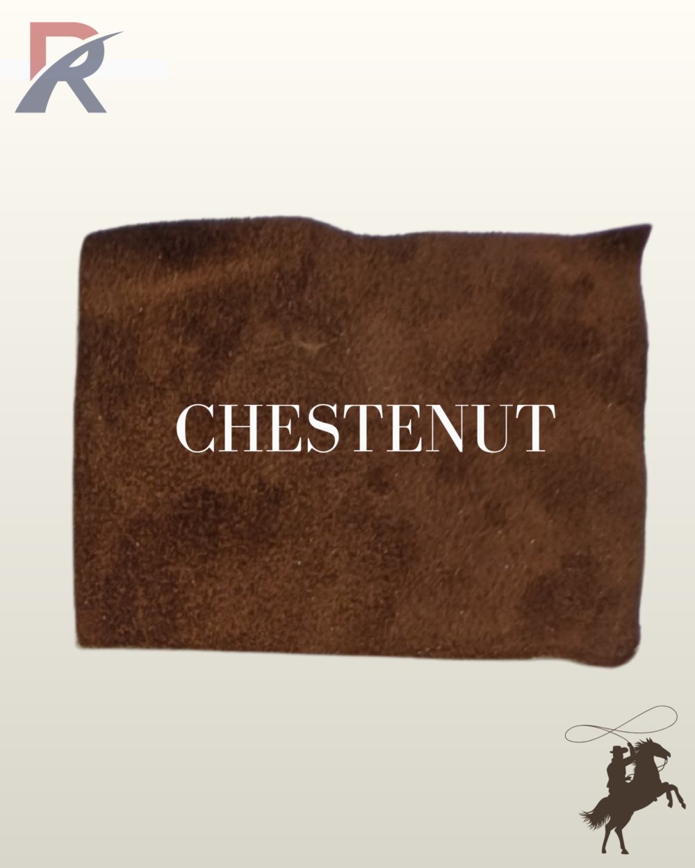 Close-up fabric sample swatch of warm chestnut brown suede leather for western wear.