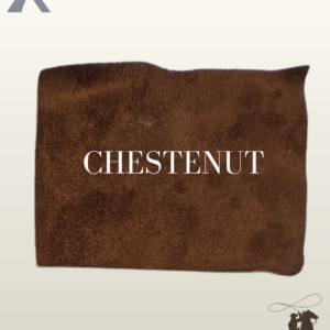 Close-up fabric sample swatch of warm chestnut brown suede leather for western wear.