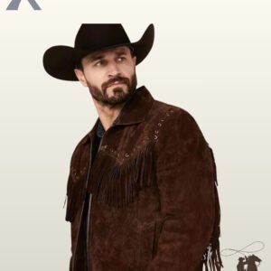 Angled view of a men's dark brown genuine suede cowboy jacket featuring chest fringe, metal eyelets, zipper front, and sleeve tassels.