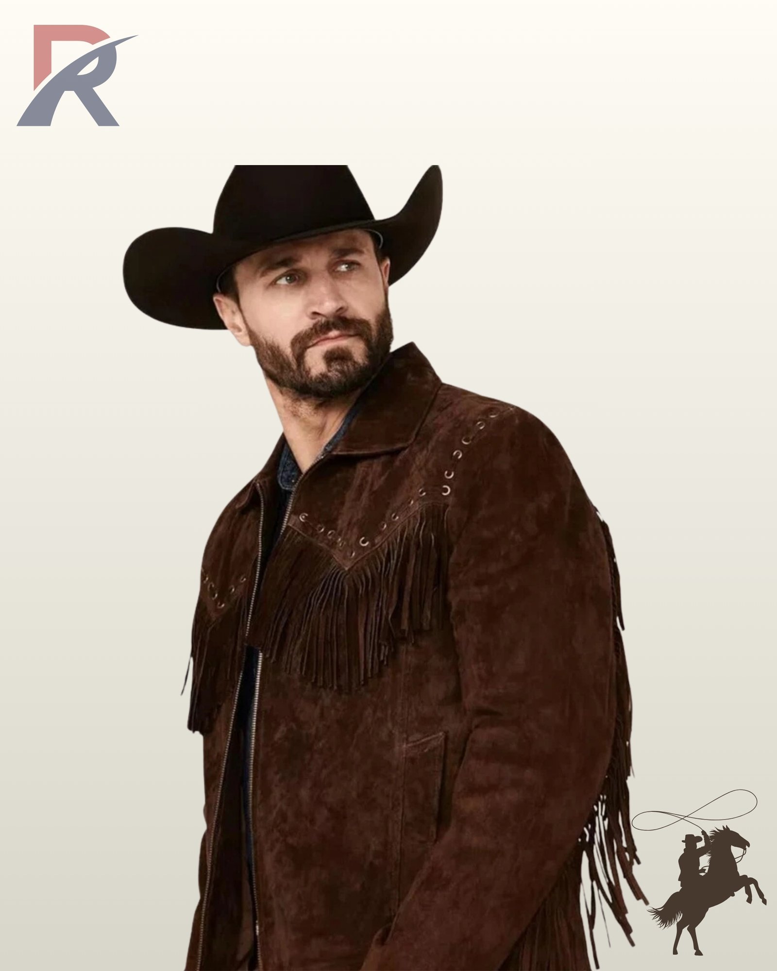 Angled view of a men's dark brown genuine suede cowboy jacket featuring chest fringe, metal eyelets, zipper front, and sleeve tassels.