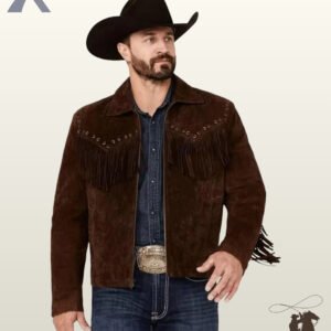 Front view of a model wearing a men's dark chocolate brown suede western fringe jacket with a metal buckle belt and cowboy hat.