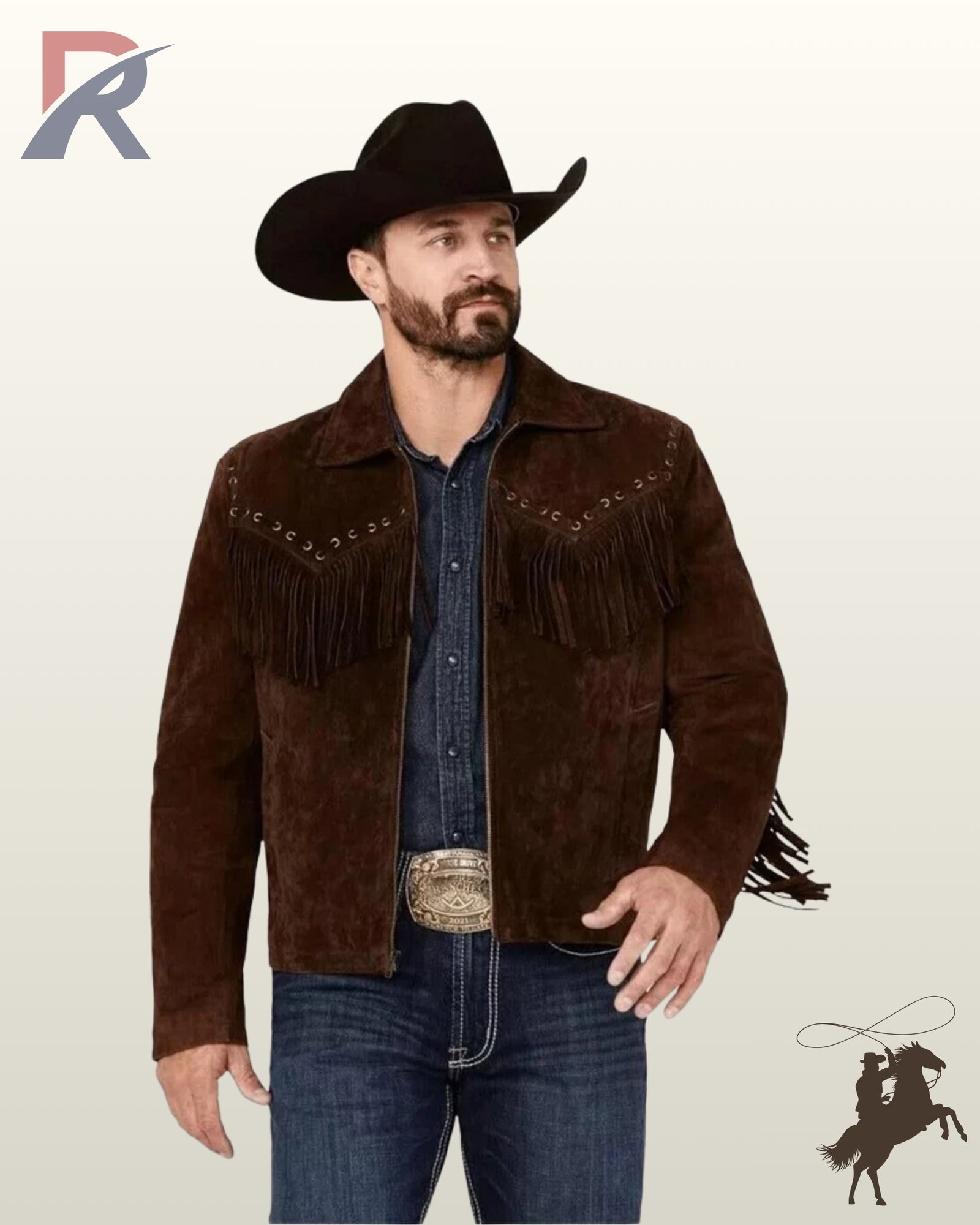 Front view of a model wearing a men's dark chocolate brown suede western fringe jacket with a metal buckle belt and cowboy hat.