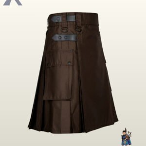 Men's brown cotton utility kilt highlighting rear pleated construction and heavy-duty belt loops.