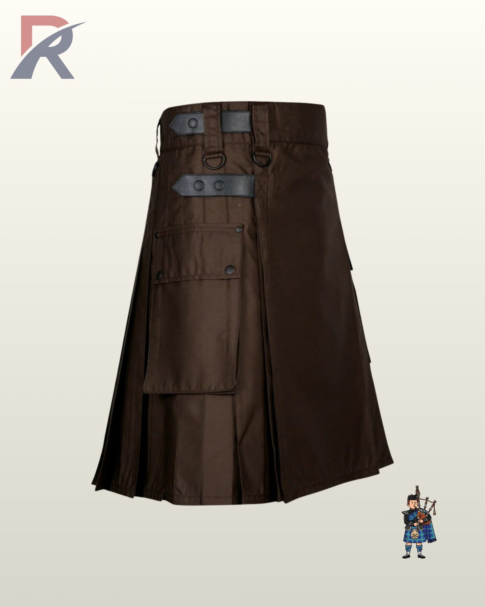 Men's brown cotton utility kilt highlighting rear pleated construction and heavy-duty belt loops.