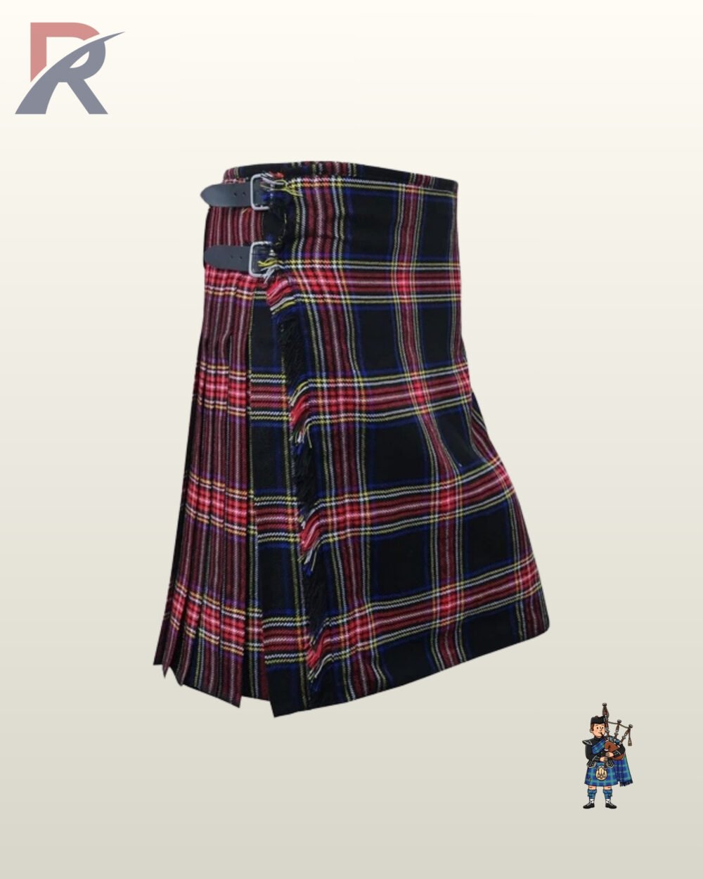 Side view of a men's traditional Black Stewart tartan kilt featuring black leather waist buckles.