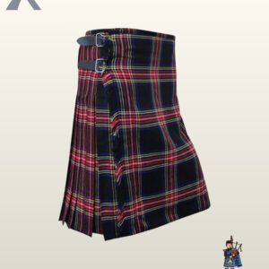 Side view of a men's traditional Black Stewart tartan kilt featuring black leather waist buckles.