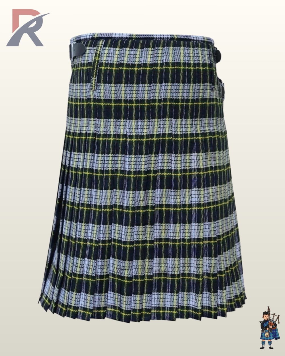 Men's Grey Stewart tartan kilt detailed with subtle yellow overchecks and silver metal buckles.