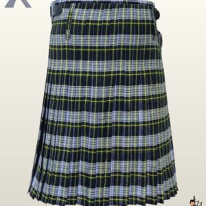 Men's Grey Stewart tartan kilt detailed with subtle yellow overchecks and silver metal buckles.