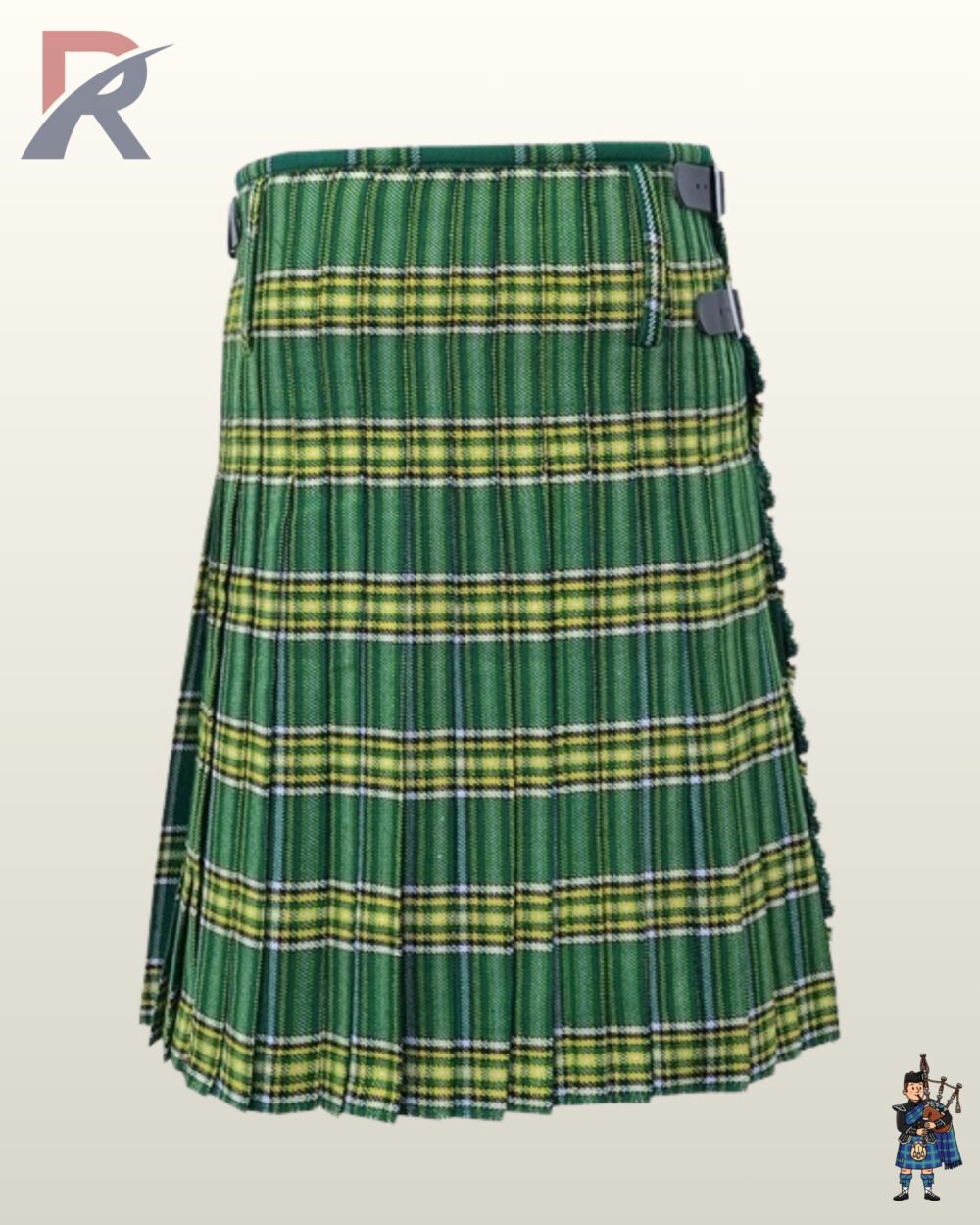 High-quality men's Irish National tartan kilt with adjustable leather straps for highland events.