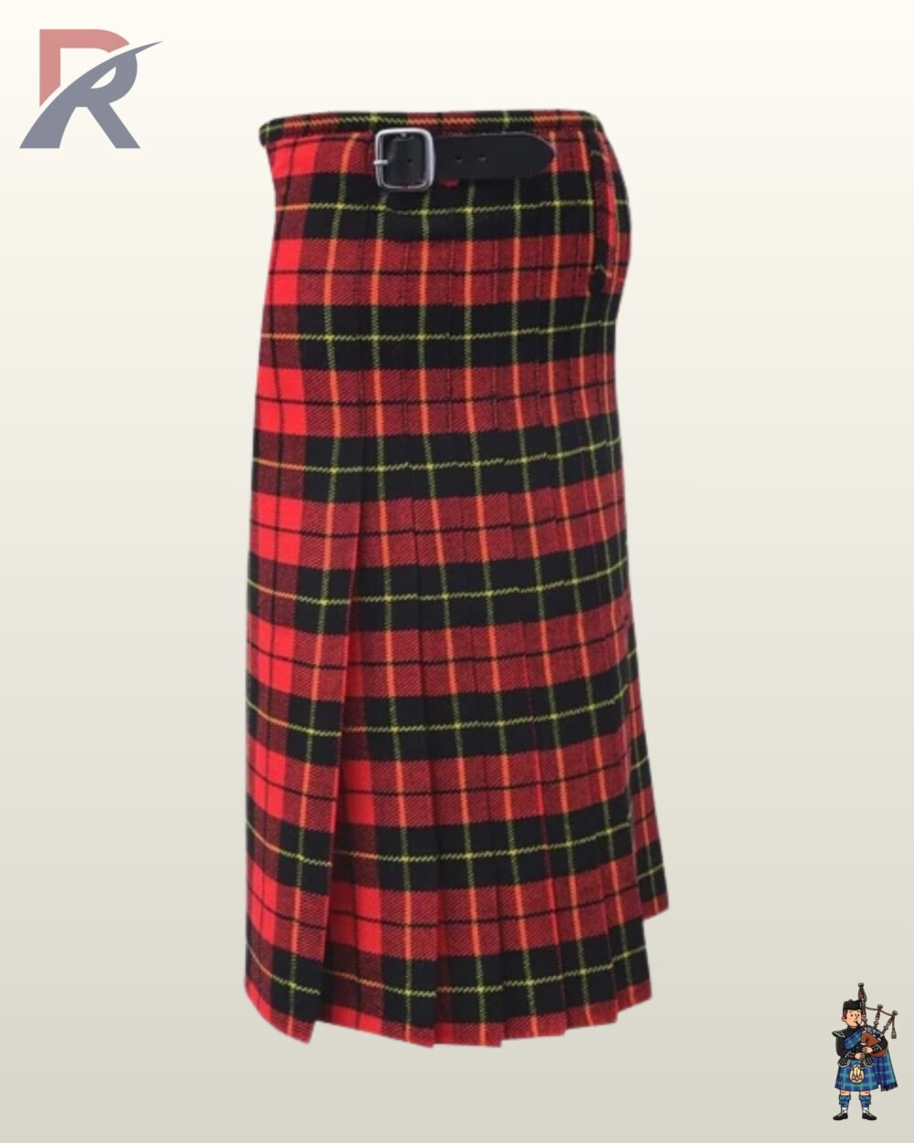 Traditional Scottish Royal Stewart red plaid kilt with a fringed front apron and side pleats.