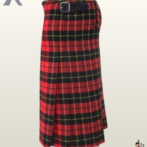 Traditional Scottish Royal Stewart red plaid kilt with a fringed front apron and side pleats.