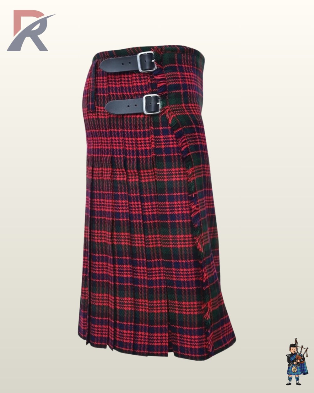 Classic highland Wallace tartan kilt with silver buckle fastenings and a fringed apron border.