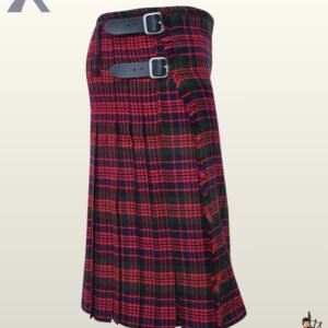 Classic highland Wallace tartan kilt with silver buckle fastenings and a fringed apron border.