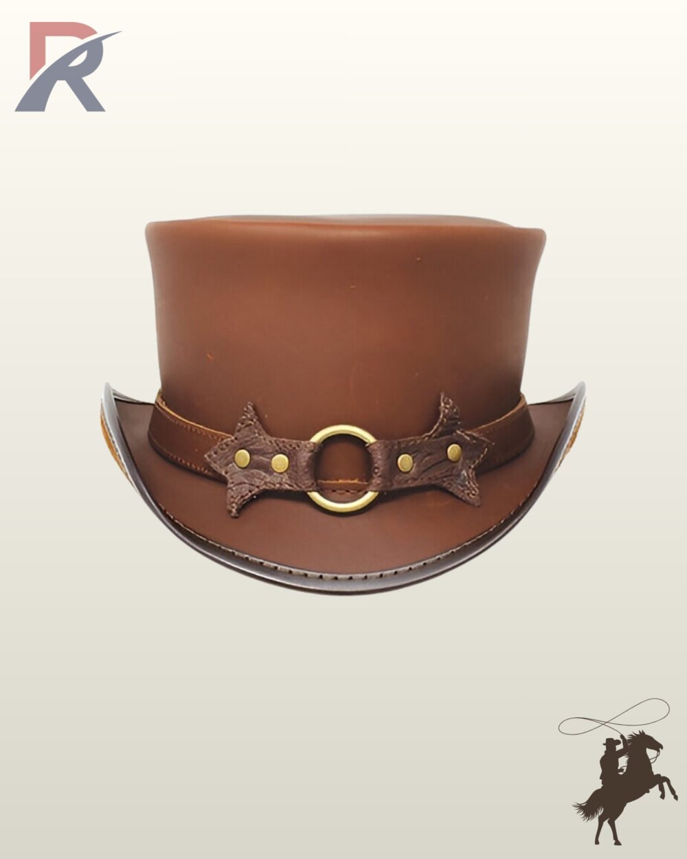 Front view of a cognac brown leather steampunk top hat adorned with a central brass O-ring and brass-studded batwing leather patches on the band.