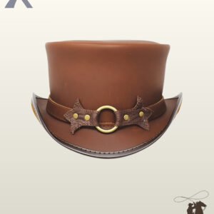 Front view of a cognac brown leather steampunk top hat adorned with a central brass O-ring and brass-studded batwing leather patches on the band.