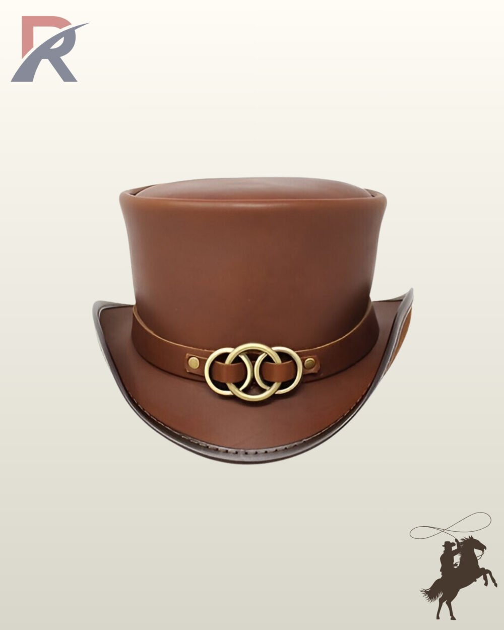 Front view of a cognac brown leather steampunk top hat featuring an interlocking brass ring buckle hatband and a curved brim.