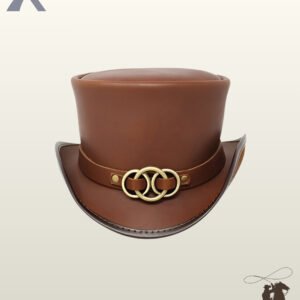 Front view of a cognac brown leather steampunk top hat featuring an interlocking brass ring buckle hatband and a curved brim.