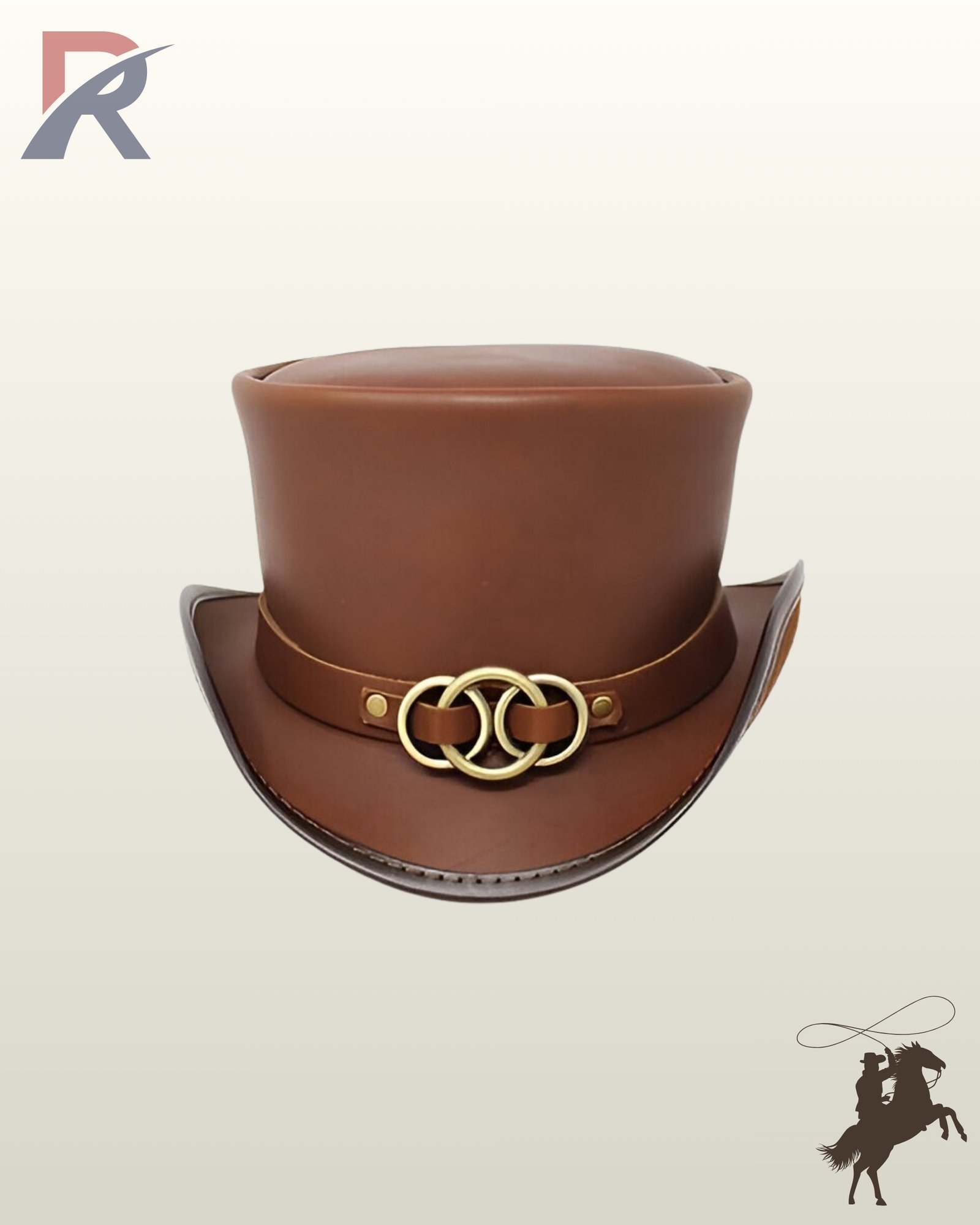 Front view of a cognac brown leather steampunk top hat featuring an interlocking brass ring buckle hatband and a curved brim.