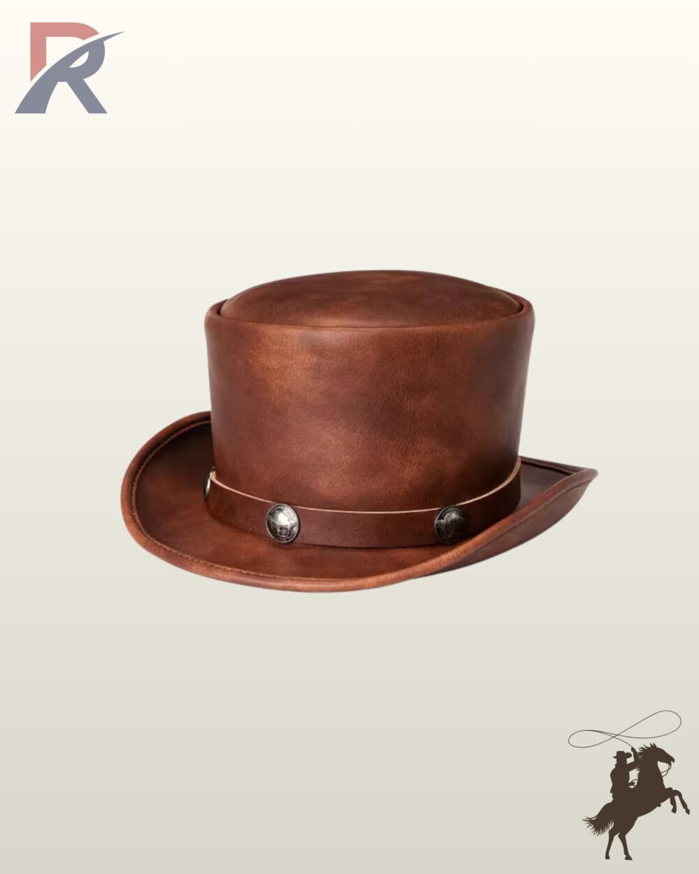 Handcrafted victorian style tan brown leather top hat displaying a smooth crown, structured curved brim, and silver coin conchos.