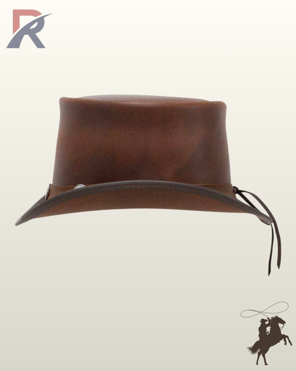 Handcrafted brown leather victorian top hat showcasing a smooth crown finish, plain band trim, and trailing leather hatband cords.