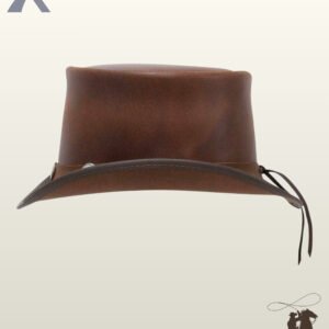 Handcrafted brown leather victorian top hat showcasing a smooth crown finish, plain band trim, and trailing leather hatband cords.