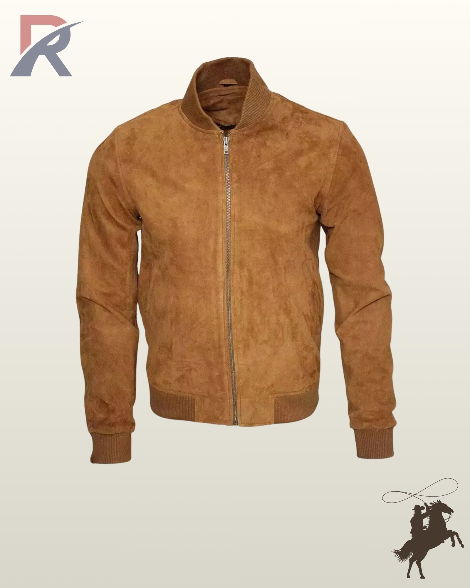 Front view of a minimalist men's camel tan suede leather bomber jacket featuring a central zip closure, ribbed knit collar, and matching cuffs.