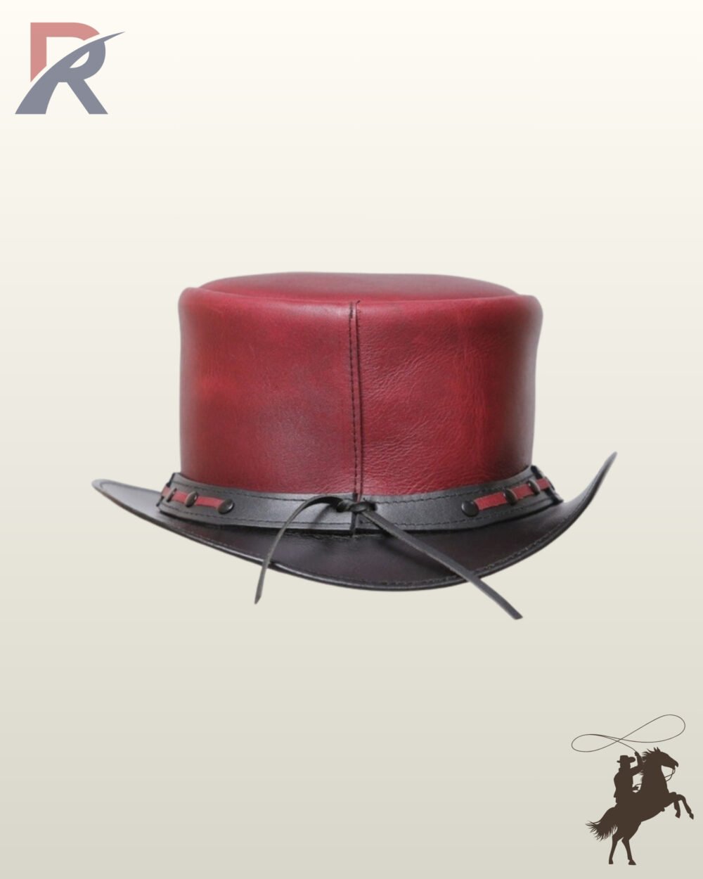 Back perspective of a handcrafted gothic leather top hat showing the vertical back seam, woven red leather band detail, and dangling rear ties.