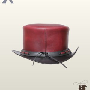 Back perspective of a handcrafted gothic leather top hat showing the vertical back seam, woven red leather band detail, and dangling rear ties.