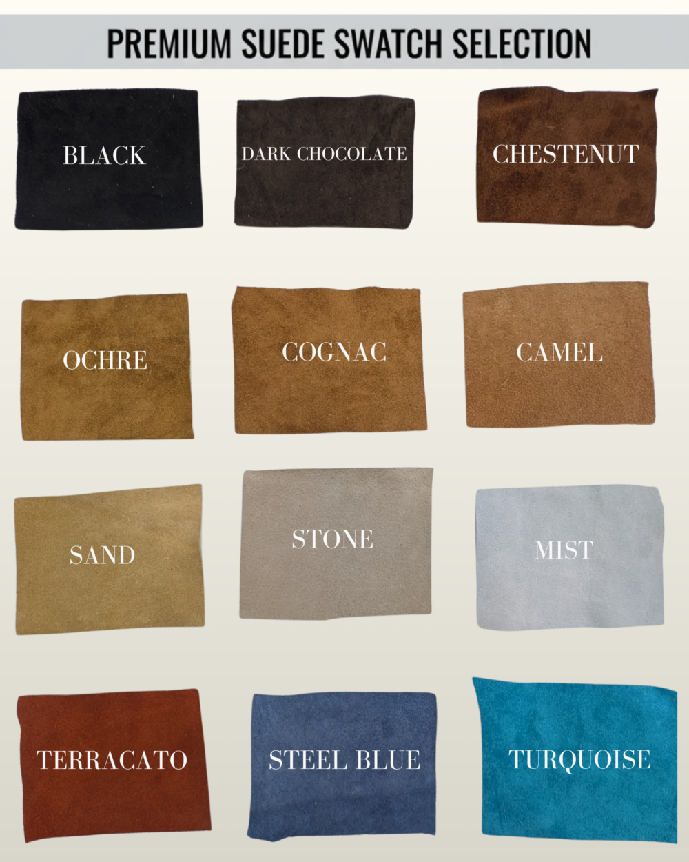 Color selection guide showing twelve suede leather swatches including black, dark chocolate, chestnut, ochre, cognac, camel, sand, stone, mist, terracotta, steel blue, and turquoise.