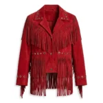 Red Suede Fringe Jacket Studded Western Cowgirl