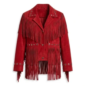 Red Suede Fringe Jacket Studded Western Cowgirl