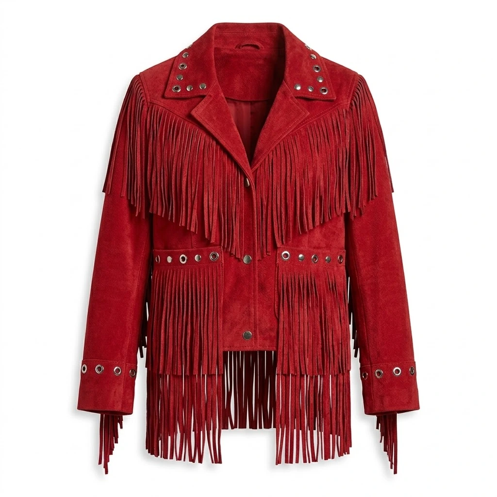 Red Suede Fringe Jacket Studded Western Cowgirl