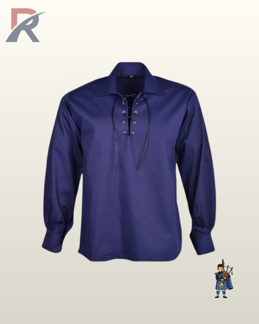Traditional dark blue cotton highland ghillie kilt shirt for men featuring a drawstring collar and gathered sleeves.
