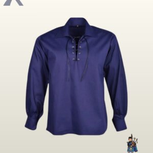 Traditional dark blue cotton highland ghillie kilt shirt for men featuring a drawstring collar and gathered sleeves.