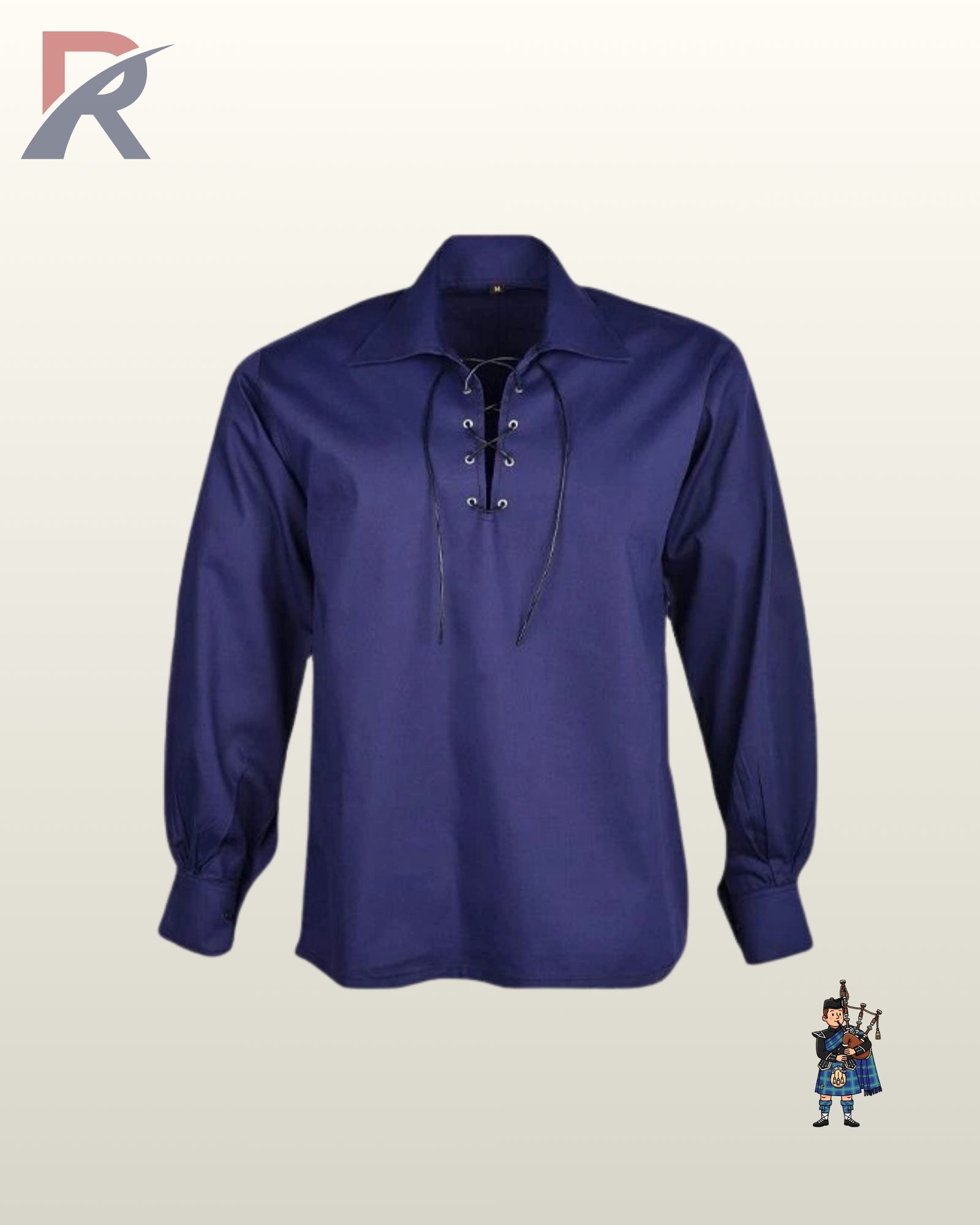 Traditional dark blue cotton highland ghillie kilt shirt for men featuring a drawstring collar and gathered sleeves.