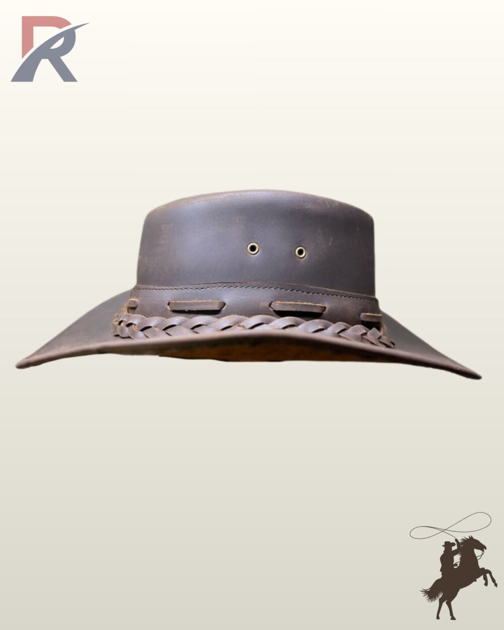 Handcrafted rustic dark brown leather cowboy hat displaying side air eyelets, a teardrop crown, and a woven leather band threaded through side loops.