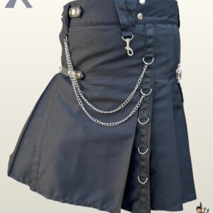 Front view of a men's dark charcoal grey gothic utility kilt featuring two draped silver side chains and D-ring apron trim.